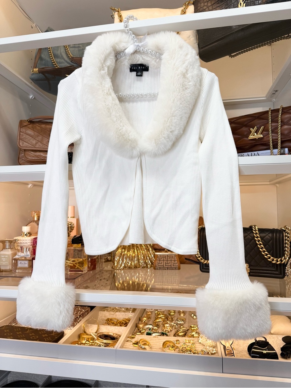 Y2K Early 2000s White Faux Fur-Trim Cardigan Glam Party Size S
